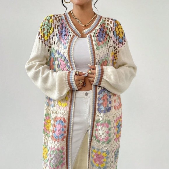 Apricot Casual Womens Geo Pattern Drop Shoulder Open Front Cardigan - Picture 4 of 5